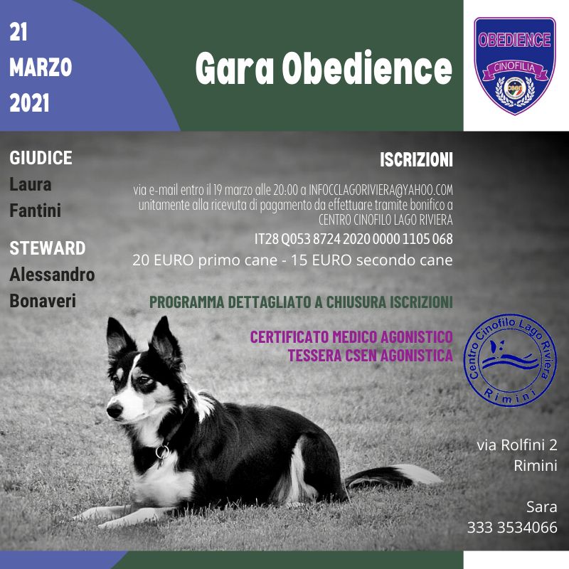 Gara Obedience 21 Marzo 2021 – A.S.D. Centro Cinofilo Lago Riviera